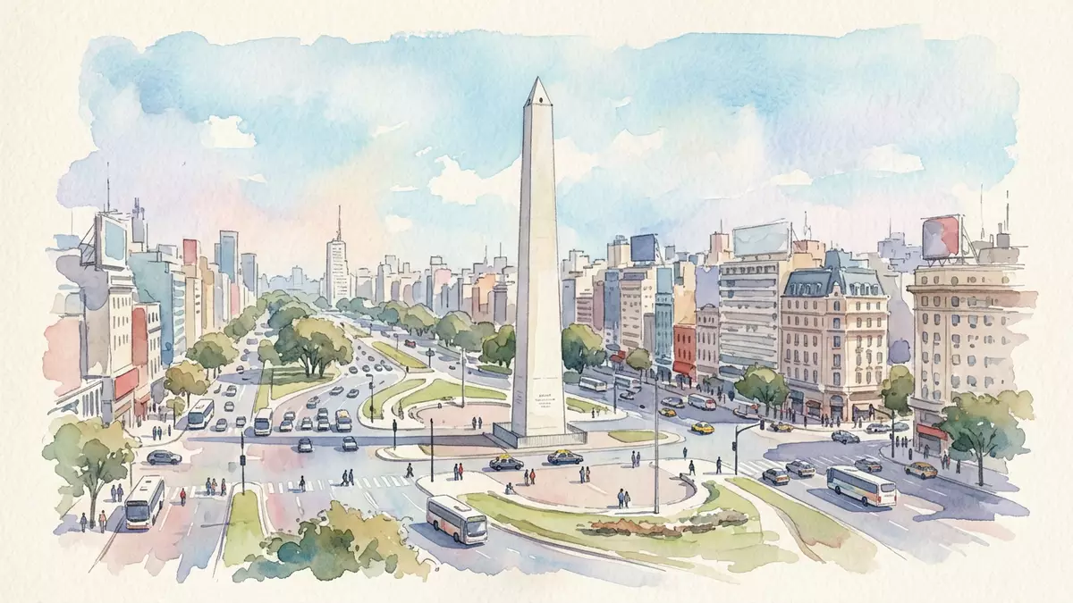 Aquarell-Illustration von Obelisk von Buenos Aires in Buenos Aires, Argentinien als Reiseposter
