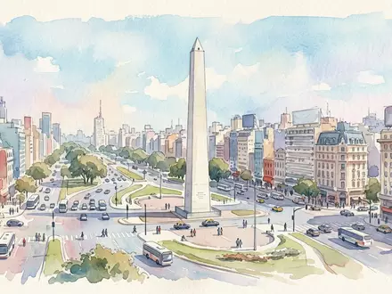 Aquarellillustration des Wahrzeichens Obelisk von Buenos Aires in Buenos Aires Argentinien, weiche Farbverläufe und pastelliges - Foto: THN
