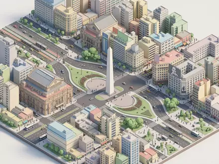 Isometrisches Diorama von Obelisk von Buenos Aires und Umgebung in Buenos Aires Argentinien, verspielte Low-Poly-Kulisse - Foto: THN