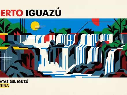 Bauhaus-Poster als geometrische Abstraktion von Iguazu-Falle Argentinien in Puerto Iguazu Argentinien, kraeftige Grundfarben und harte - Foto: THN