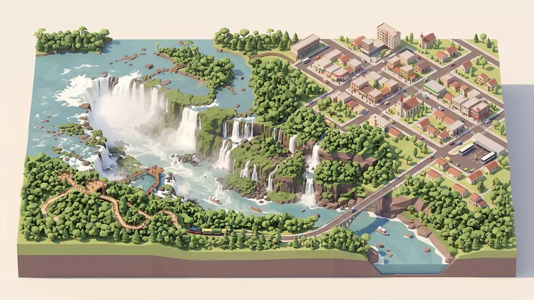 Isometrisches Diorama von Iguazu-Falle Argentinien in Puerto Iguazu, Argentinien in Pastell