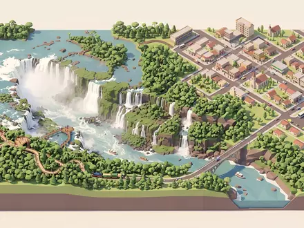 Isometrisches Diorama von Iguazu-Falle Argentinien und Umgebung in Puerto Iguazu Argentinien, verspielte Low-Poly-Kulisse in Pastellfarben - Foto: THN
