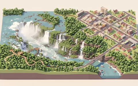 Isometrisches Diorama von Iguazu-Falle Argentinien und Umgebung in Puerto Iguazu Argentinien, verspielte Low-Poly-Kulisse in Pastellfarben - Foto: THN