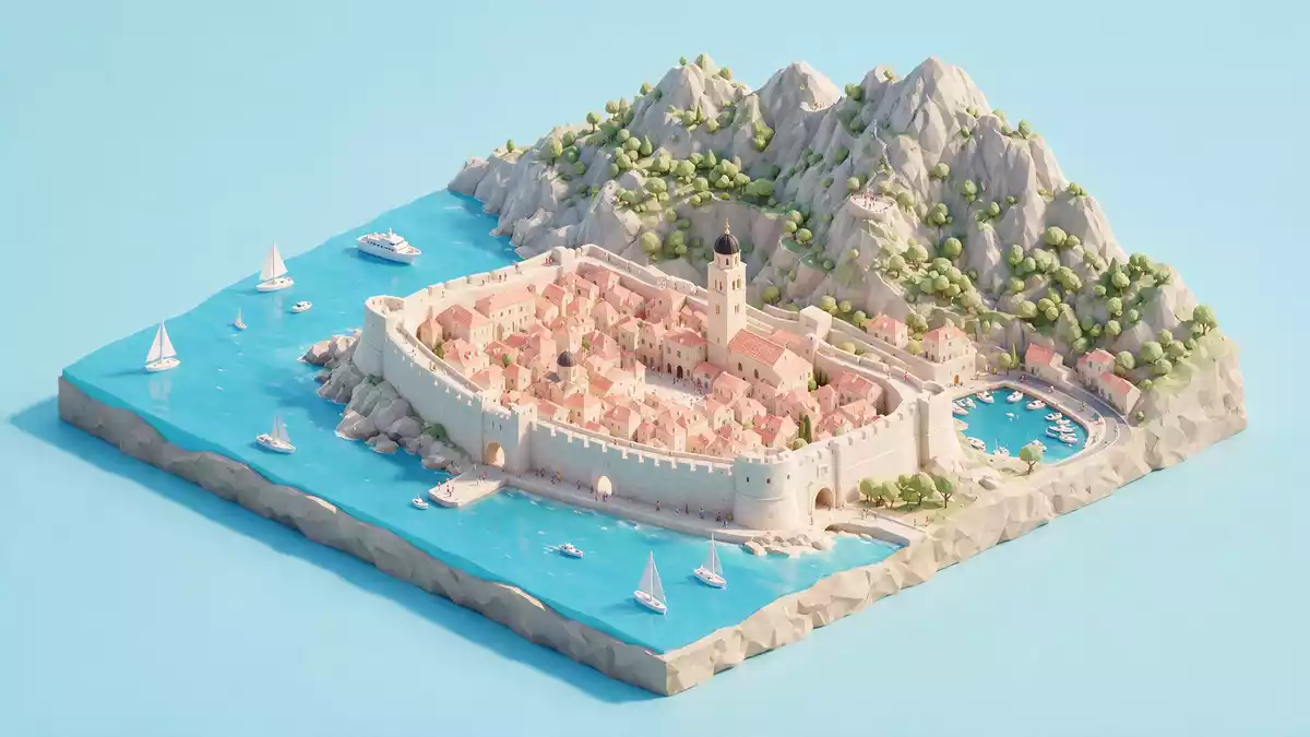 Isometrisches Diorama von Altstadt Dubrovnik in Dubrovnik, Kroatien in Pastell