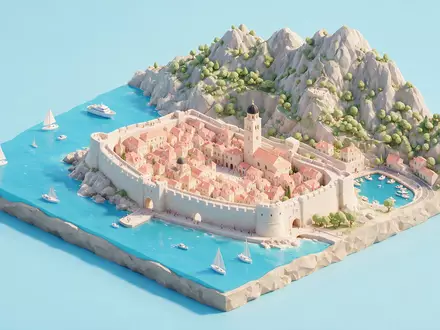 Isometrisches Diorama von Altstadt Dubrovnik und Umgebung in Dubrovnik Kroatien, verspielte Low-Poly-Kulisse in Pastellfarben - Foto: THN