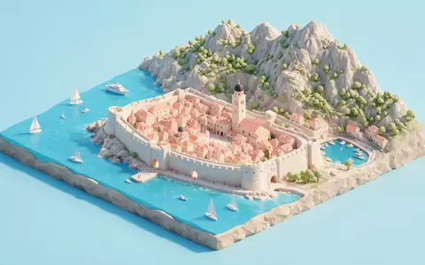 Isometrisches Diorama von Altstadt Dubrovnik und Umgebung in Dubrovnik Kroatien, verspielte Low-Poly-Kulisse in Pastellfarben - Foto: THN