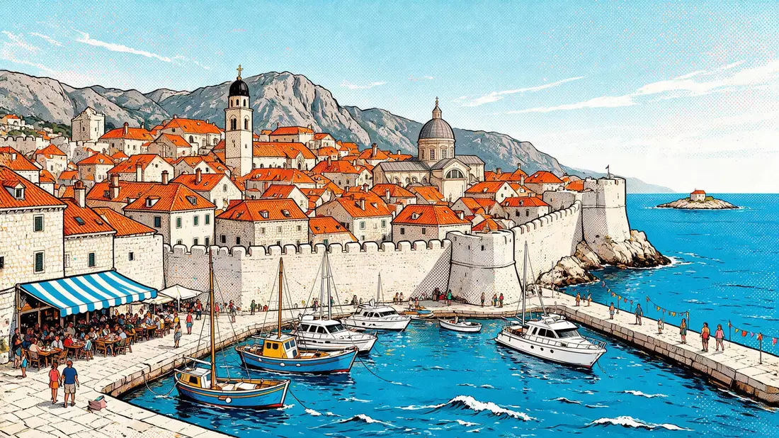 Pop-Art-Comic von Altstadt Dubrovnik in Dubrovnik, Kroatien mit Rasterpunkten