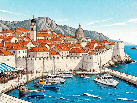 Pop-Art-Comicillustration des Wahrzeichens Altstadt Dubrovnik in Dubrovnik Kroatien, kraeftige Konturen Rasterpunkte und satte Farben - Foto: THN