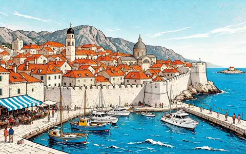 Pop-Art-Comicillustration des Wahrzeichens Altstadt Dubrovnik in Dubrovnik Kroatien, kraeftige Konturen Rasterpunkte und satte Farben - Foto: THN
