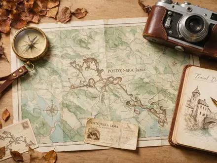 Flatlay-Reise-Arrangement rund um Postojna-Höhle in Postojna Slowenien, Karte Kompass Kamera und generische Reiserequisiten - Foto: THN
