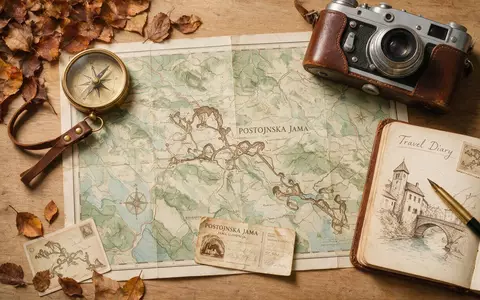Flatlay-Reise-Arrangement rund um Postojna-Höhle in Postojna Slowenien, Karte Kompass Kamera und generische Reiserequisiten - Foto: THN
