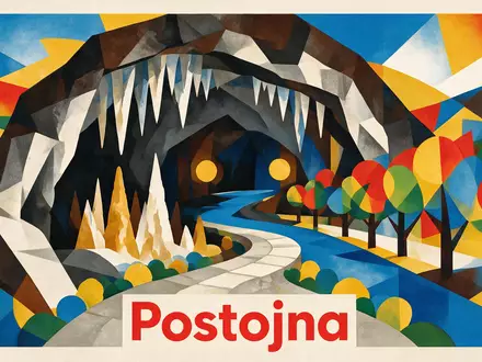 Bauhaus-Poster als geometrische Abstraktion von Postojna-Höhle in Postojna Slowenien, kraeftige Grundfarben und harte Formkanten - Foto: THN