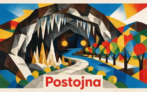 Bauhaus-Poster als geometrische Abstraktion von Postojna-Höhle in Postojna Slowenien, kraeftige Grundfarben und harte Formkanten - Foto: THN