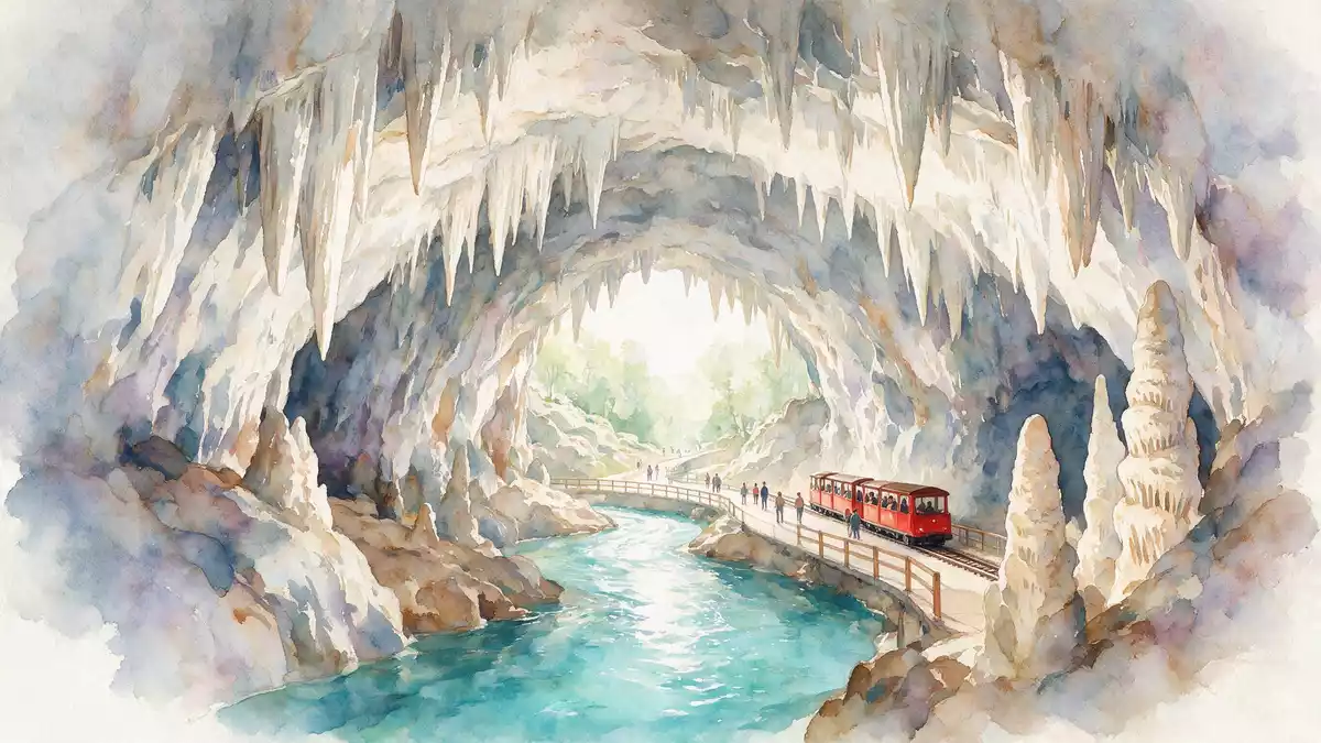 Aquarell-Illustration von Postojna-Höhle in Postojna, Slowenien als Reiseposter