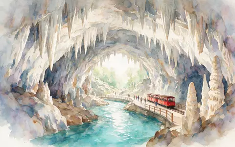 Aquarellillustration des Wahrzeichens Postojna-Höhle in Postojna Slowenien, weiche Farbverläufe und pastelliges Reiseposter-Feeling - Foto: THN