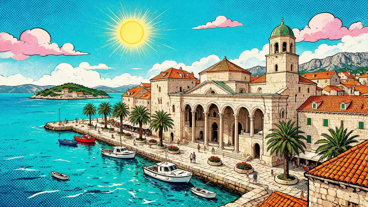 Pop-Art-Comic von Diokletianpalast Split in Split, Kroatien mit Rasterpunkten