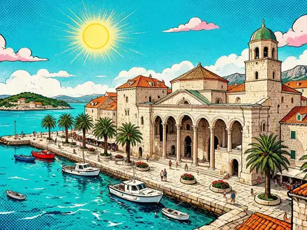 Pop-Art-Comicillustration des Wahrzeichens Diokletianpalast Split in Split Kroatien, kraeftige Konturen Rasterpunkte und satte Farben - Foto: THN