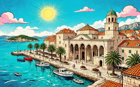 Pop-Art-Comicillustration des Wahrzeichens Diokletianpalast Split in Split Kroatien, kraeftige Konturen Rasterpunkte und satte Farben - Foto: THN