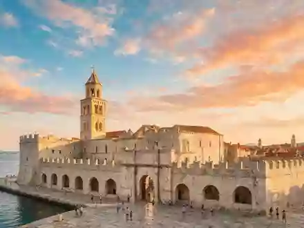 Fotorealistische Panoramaaufnahme von Diokletianpalast Split in Split Kroatien, warmes Abendlicht auf Wahrzeichen - Foto: THN
