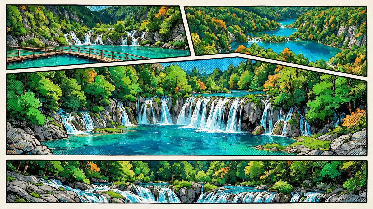 Pop-Art-Comic von Plitvicer Seen in Plitvice, Kroatien mit Rasterpunkten