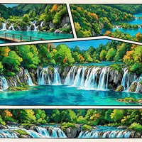 Pop-Art-Comicillustration des Wahrzeichens Plitvicer Seen in Plitvice Kroatien, kraeftige Konturen Rasterpunkte und satte Farben - Foto: THN