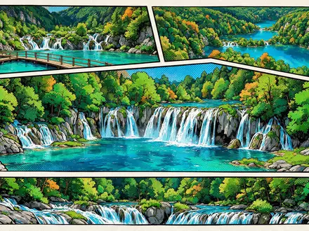 Pop-Art-Comicillustration des Wahrzeichens Plitvicer Seen in Plitvice Kroatien, kraeftige Konturen Rasterpunkte und satte Farben - Foto: THN