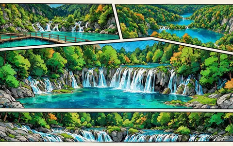 Pop-Art-Comicillustration des Wahrzeichens Plitvicer Seen in Plitvice Kroatien, kraeftige Konturen Rasterpunkte und satte Farben - Foto: THN