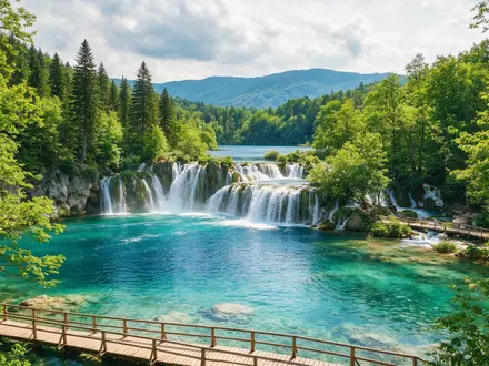 Editorialbild im Reisemagazin-Stil vom Wahrzeichen Plitvicer Seen in Plitvice Kroatien, ausgewogene Bildgestaltung und natuerliches Umgebungslicht - Foto: THN