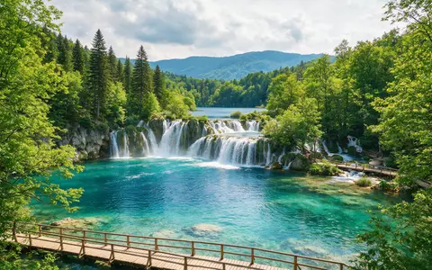 Editorialbild im Reisemagazin-Stil vom Wahrzeichen Plitvicer Seen in Plitvice Kroatien, ausgewogene Bildgestaltung und natuerliches Umgebungslicht - Foto: THN