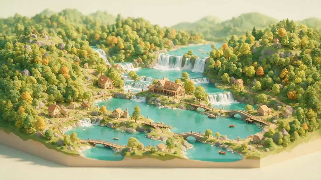 Isometrisches Diorama von Plitvicer Seen in Plitvice, Kroatien in Pastell
