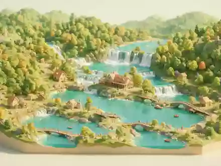 Isometrisches Diorama von Plitvicer Seen und Umgebung in Plitvice Kroatien, verspielte Low-Poly-Kulisse in Pastellfarben - Foto: THN