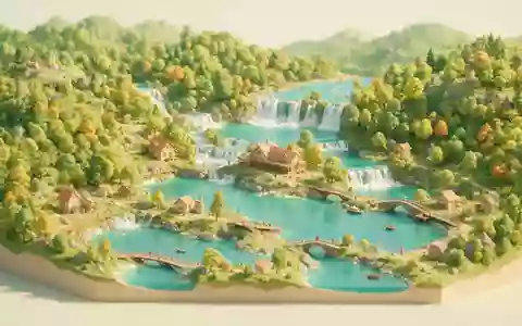 Isometrisches Diorama von Plitvicer Seen und Umgebung in Plitvice Kroatien, verspielte Low-Poly-Kulisse in Pastellfarben - Foto: THN