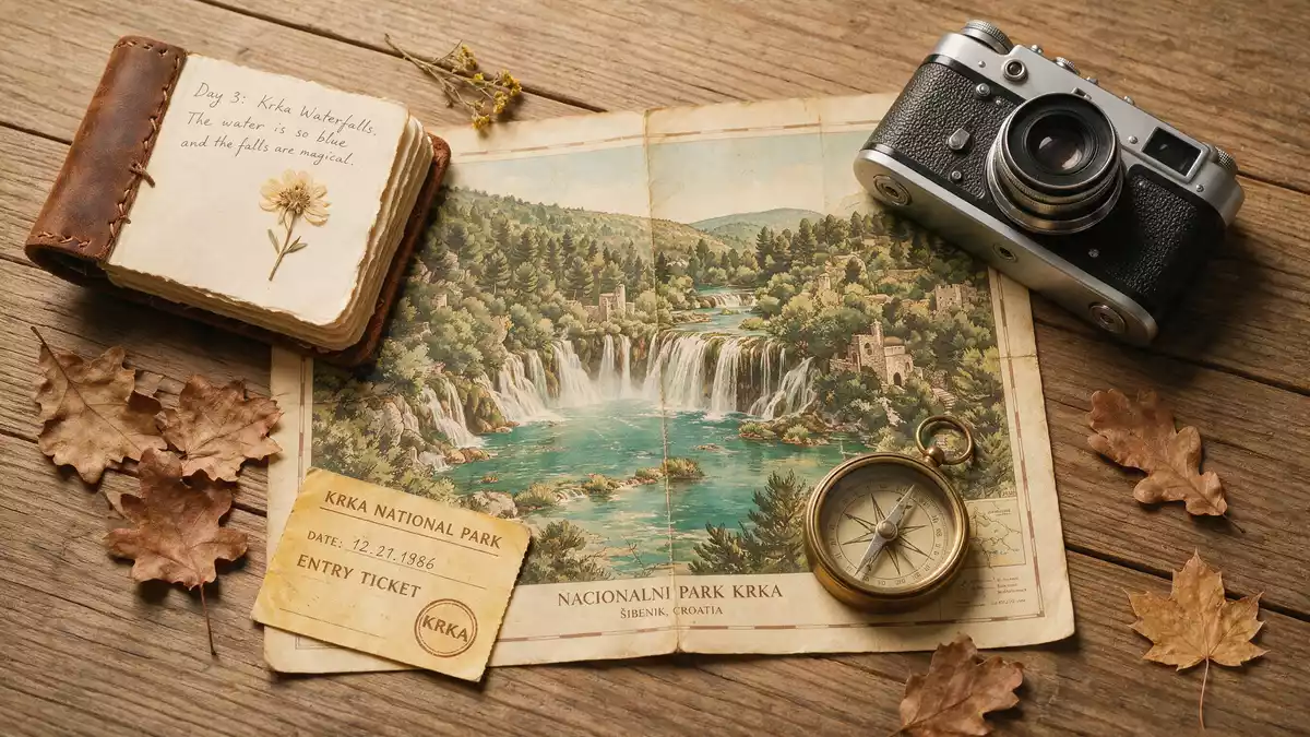 Flatlay-Reise-Arrangement rund um Krka-Nationalpark in Sibenik, Kroatien