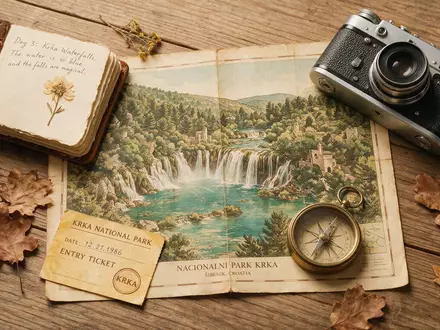 Flatlay-Reise-Arrangement rund um Krka-Nationalpark in Sibenik Kroatien, Karte Kompass Kamera und generische Reiserequisiten - Foto: THN