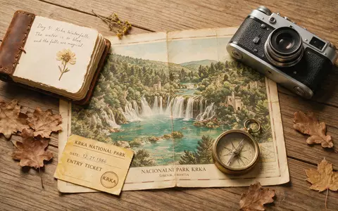 Flatlay-Reise-Arrangement rund um Krka-Nationalpark in Sibenik Kroatien, Karte Kompass Kamera und generische Reiserequisiten - Foto: THN