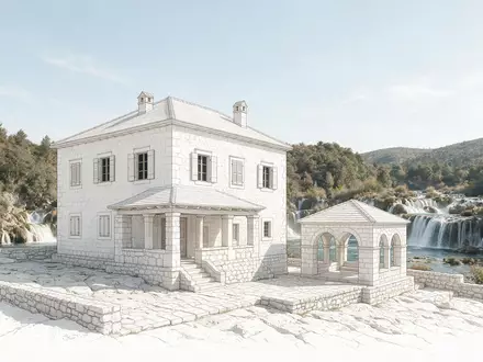 Moderner Architektur-Render zeigt Silhouette von Krka-Nationalpark in Sibenik Kroatien, klare Linien und neutrales Tageslicht - Foto: THN
