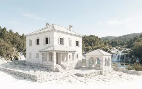 Moderner Architektur-Render zeigt Silhouette von Krka-Nationalpark in Sibenik Kroatien, klare Linien und neutrales Tageslicht - Foto: THN