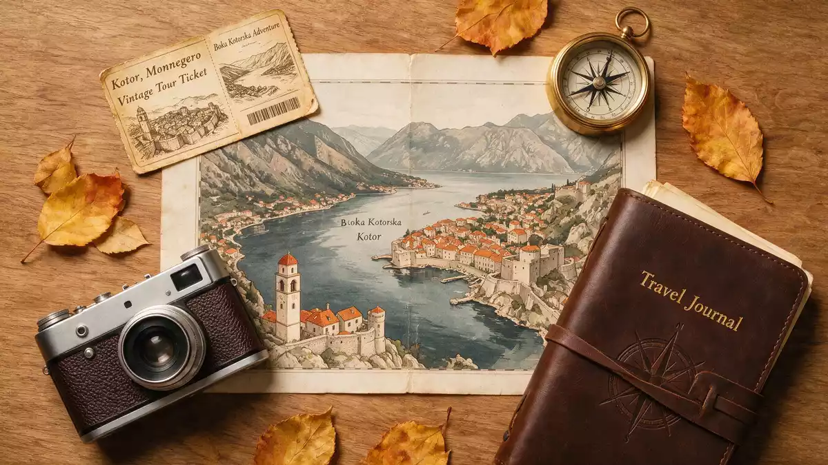 Flatlay-Reise-Arrangement rund um Bucht von Kotor in Kotor, Montenegro