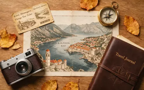 Flatlay-Reise-Arrangement rund um Bucht von Kotor in Kotor Montenegro, Karte Kompass Kamera und generische Reiserequisiten - Foto: THN