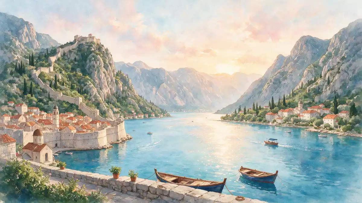 Aquarell-Illustration von Bucht von Kotor in Kotor, Montenegro als Reiseposter