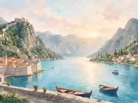 Aquarellillustration des Wahrzeichens Bucht von Kotor in Kotor Montenegro, weiche Farbverläufe und pastelliges Reiseposter-Feeling - Foto: THN