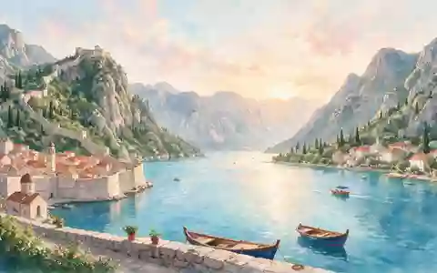 Aquarellillustration des Wahrzeichens Bucht von Kotor in Kotor Montenegro, weiche Farbverläufe und pastelliges Reiseposter-Feeling - Foto: THN