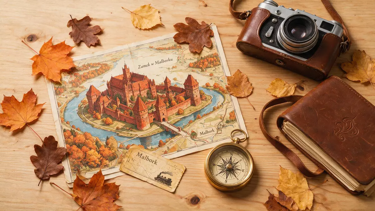 Flatlay-Reise-Arrangement rund um Burg Malbork in Malbork, Polen
