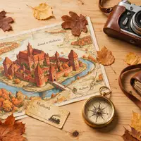 Flatlay-Reise-Arrangement rund um Burg Malbork in Malbork Polen, Karte Kompass Kamera und generische Reiserequisiten - Foto: THN