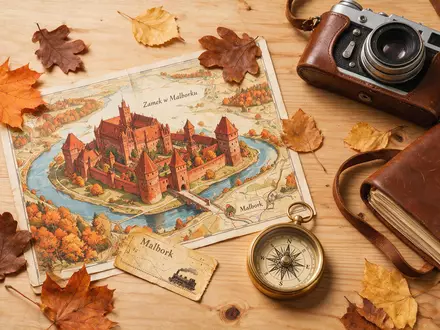 Flatlay-Reise-Arrangement rund um Burg Malbork in Malbork Polen, Karte Kompass Kamera und generische Reiserequisiten - Foto: THN