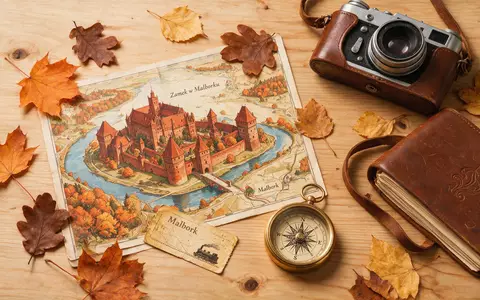 Flatlay-Reise-Arrangement rund um Burg Malbork in Malbork Polen, Karte Kompass Kamera und generische Reiserequisiten - Foto: THN