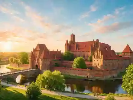 Fotorealistische Panoramaaufnahme von Burg Malbork in Malbork Polen, warmes Abendlicht auf Wahrzeichen - Foto: THN