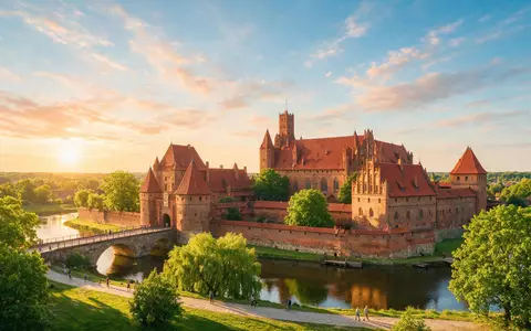 Fotorealistische Panoramaaufnahme von Burg Malbork in Malbork Polen, warmes Abendlicht auf Wahrzeichen - Foto: THN