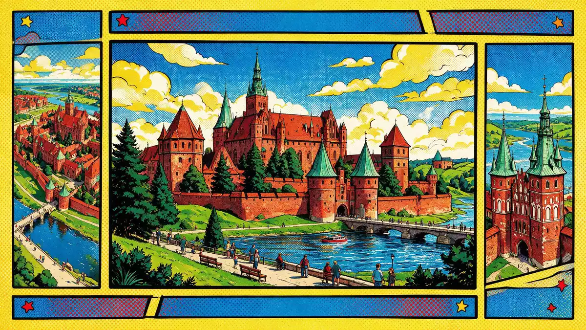 Pop-Art-Comic von Burg Malbork in Malbork, Polen mit Rasterpunkten