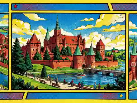 Pop-Art-Comicillustration des Wahrzeichens Burg Malbork in Malbork Polen, kraeftige Konturen Rasterpunkte und satte Farben - Foto: THN